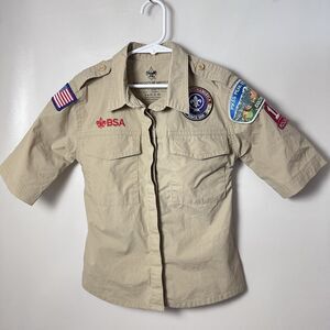 Boy Scouts of America BSA Shirt Girls Youth Khaki Tan Beige Patches Small